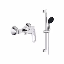 Description générale Ce lot comprend un mitigeur de douche monocommande Bauloop, une barre de douche, une douchette à main av ...