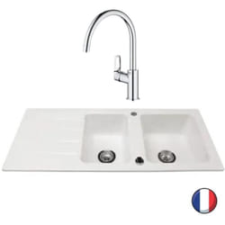 Evier 1 bac et demi 116 x 51 cm VILLEROY ET BOCH Architectura 8 Blanc + Robinet cuisine GROHE Bauloop
