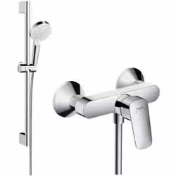 Ce lot comprend : Mitigeur douche mécanique mural 2 trous Hansgrohe Logis 1 sortie chrome Pack pommeau de douche rond 2 jets ...