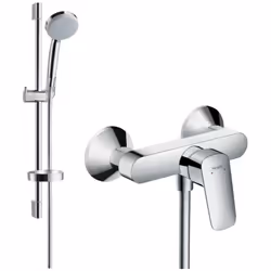 Ce pack comprend : Pack pommeau de douche rond 4 jets Hansgrohe Croma Vario chrome + flexible + barre avec tablette (Réf : 27 ...