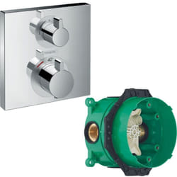 Façade mitigeur thermostatique encastré Hansgrohe Ecostat Square avec robinet d'arrêt et inverseur chromé + corps encastré
