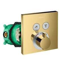 Façade pour mitigeur thermostatique encastré Hansgrohe ShowerSelect avec 2 fonctions aspect doré poli et corps encastré iBox