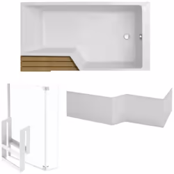 Pack baignoire bain douche antidérapante 160 x 90 Neo blanc mat - v.droite + pare bain chromé + tablier