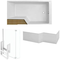 Pack baignoire bain douche antidérapante 160 x 90 Neo blanc mat - v.droite + pare bain chromé + tablier