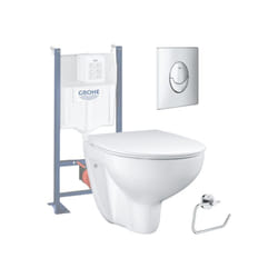 Grohe - Pack wc sans bride Bau Ceramic Slim + abattant + Bati support autoportant + Plaque commande ovale chromé + Dérouleur papier