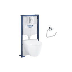 Pack WC suspendu sans bride Essence avec abattant + plaque chromée + bâti Grohe + Dérouleur papier