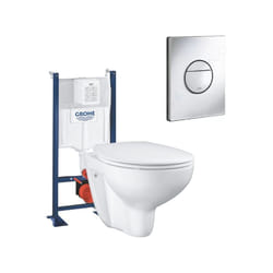 Grohe - Pack wc suspendu sans bride Bau ceramic + Bâti support + abattant + plaque ronde chromé