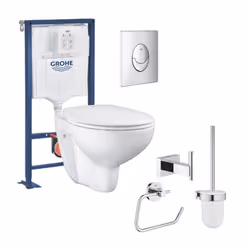 Pack WC suspendu sans bride Bau ceramic + Bâti support Solido + abattant + plaque ovale chromé + accessoires salle de bain