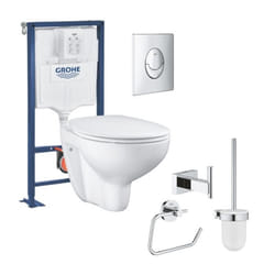 Pack WC suspendu sans bride Bau ceramic + Bâti support Solido + abattant + plaque ovale chromé + accessoires salle de bain
