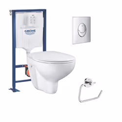 Pack WC suspendu sans bride Bau ceramic + Bâti support Solido + abattant + plaque ovale chromé + dérouleur