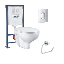 Pack WC suspendu sans bride Bau ceramic + Bâti support Solido + abattant + plaque ovale chromé + dérouleur
