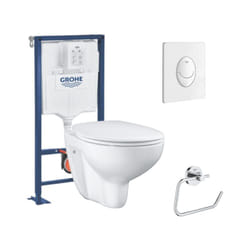 Grohe - Pack wc suspendu sans bride Bau ceramic + Bâti support Solido + abattant + plaque ovale blanc alpin + dérouleur