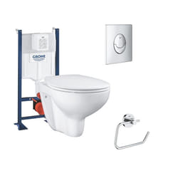 WC suspendu sans bride + abattant + Bâti support + SPlaque commande chromé+ Dérouleur papier