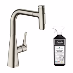 Robinet de cuisine avec douchette Metris Select M71 240 sBox 2 jets aspect acier inox + nettoyant Briochin