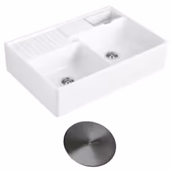 Evier timbre d'office Tradition 2 bacs 89,5 x 63 céramique vidage auto blanc + Cache bonde anthracite
