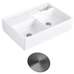 Evier timbre d'office  Tradition 2 bacs 89,5 x 63 céramique vidage auto blanc + Cache bonde anthracite
