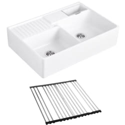 Evier timbre d'office  Tradition 2 bacs 89,5 x 63 céramique vidage auto blanc + Egouttoir déroulable