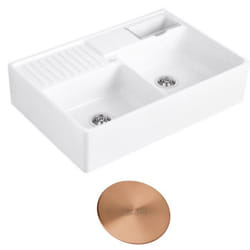 Evier timbre d'office  Tradition 2 bacs 89,5 x 63 céramique vidage manuel blanc + Cache bonde bronze