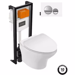 Pack WC suspendu sans bride compact Nouvelle vague+ bâti-support + plaque Chrome brillant/Blanc mat