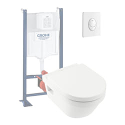 Wc suspendu sans bride villeroy et boch Architectura + abattant + bati support grohe + plaque de commande blanche