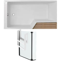 Pack baignoire bain douche antidérapante 150 x 80 Neo blanc mat - v.gauche + pare bain noir mat