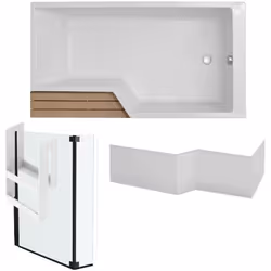 Pack baignoire bain douche antidérapante 180 x 90 Neo blanc mat - v.droite + pare bain noir mat + tablier