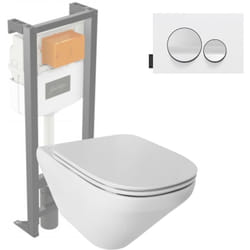 Pack WC suspendu sans bride Modern Life + abattant + bâti-support + plaque ronde blanche
