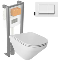 Pack WC suspendu sans bride Modern Life + abattant + bâti-support + plaque rectangle blanche