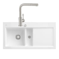 Evier  Subway Pure 60 1 bac et demi égouttoir à droite vidage auto + Robinet Steel Shower Acier Massif