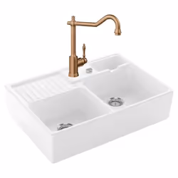 Evier Timbre d'office Tradition 2 bacs vidage auto + Robinet de cuisine Avia 2.0 Bronze