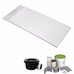 Pack receveur de douche antidérapant 140 x 80 Flight Neus rectangle blanc+Kit d'étanchéité + Bonde + Capot