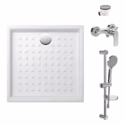 Pack receveur 100 x 100 O.Novo céramique carré blanc avec bonde D90 et robinetterie