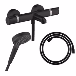 Pack mitigeur bain douche thermostatique Ecostat Comfort  + Flexible Designflex + Pommeau Vernis Blend Vario noir mat