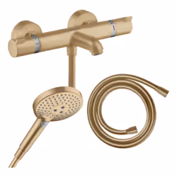 Profitez d'un ensemble robinetterie 100% HANSGROHE,composé d'un mitigeur thermostatique bain douche, d'une douchette à main e ...