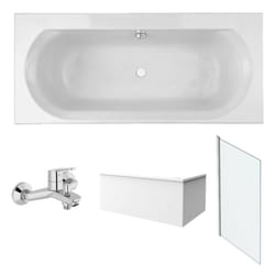 Pack baignoire droite 180 x 80 Jacob Delafon Elise + tablier angle + mitigeur bain Aimé chromé + pare bain chromé + vidage