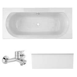 Pack baignoire droite 180 x 80 Jacob Delafon Elise + tablier en niche + mitigeur bain douche mural Aimé chromé + vidage