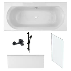 Pack baignoire 170 x 75 Jacob Delafon Elise + tablier niche + pommeau et mitigeur bain noir Aimé + pare bain chromé + vidage