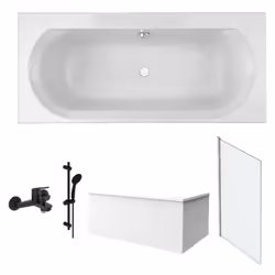 Pack baignoire 180 x 80 Elise + tablier angle + pommeau et mitigeur bain noir Aimé + pare bain chromé + vidage