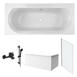 Pack baignoire 180 x 80 Elise + tablier angle + pommeau et mitigeur bain noir Aimé + pare bain chromé + vidage