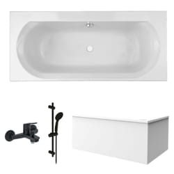Pack baignoire droite 170 x 75 Jacob Delafon Elise + tablier angle + pommeau et mitigeur bain noir mat Aimé + vidage