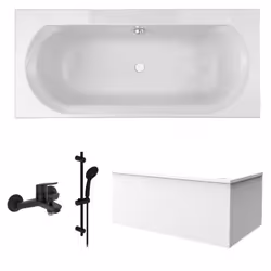 Pack baignoire droite 180 x 80 Elise + tablier angle + pommeau et mitigeur bain noir mat Aimé + vidage
