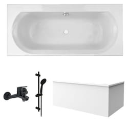 Pack baignoire droite 180 x 80 Elise + tablier angle + pommeau et mitigeur bain noir mat Aimé + vidage