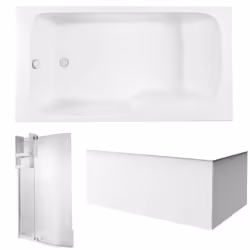 Pack baignoire bain douche 170 x 90 Malice version gauche + tablier en angle + pare bain + étagère pour pare bain