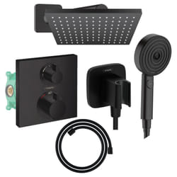 Colonne douche thermostatique Hansgrohe Ecostat Square Douche de tête Vernis Shape Flexible Designflex Douchette Pulsify noir mat