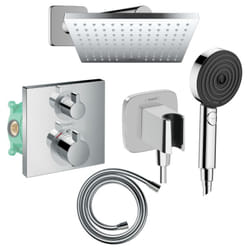 Colonne douche thermostatique Hansgrohe Ecostat Square Douche de tête Vernis Shape Flexible Designflex Douchette Pulsify chromé