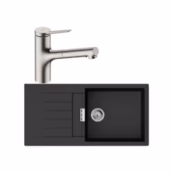 Evier 1 bac 980 S52 synthèse noir + robinet de cuisine avec douchette Zesis M33 150 2 jets aspect acier inox