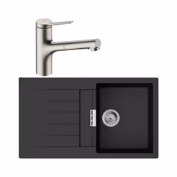 Evier 1 bac 840 S52 synthèse noir + robinet de cuisine avec douchette Zesis M33 150 2 jets aspect acier inox