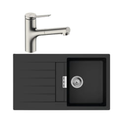 Evier 1 bac 840 S52 synthèse noir + robinet de cuisine avec douchette Zesis M33 150 2 jets aspect acier inox