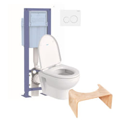 Pack wc suspendu compact sans bride Duravit Duravit No.1 abattant frein de chute + bati support siamp + Plaque blanche + tabouret