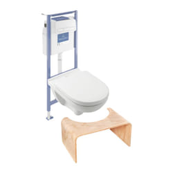 Pack wc sans bride villeroy et boch o novo avec abattant frein de chute + bâti Viconnect pro + plaque blanche + Tabouret bois